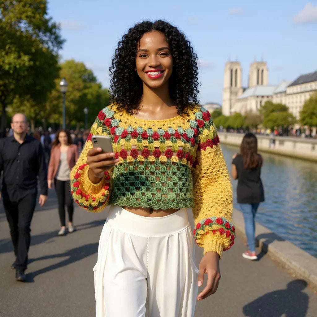 Pull au crochet Barcarola de Cachalabibi - vue de face en promenade à Paris