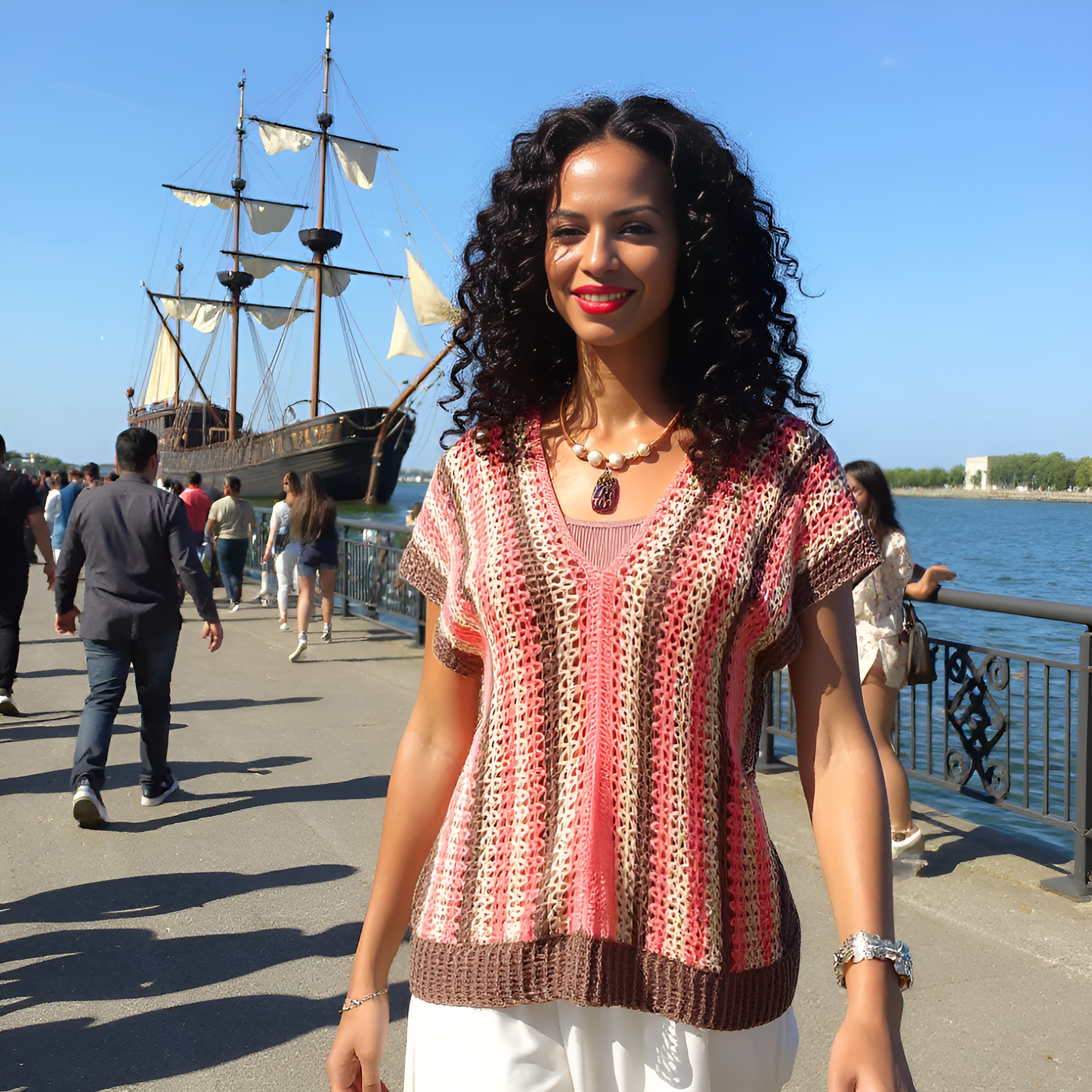 Pull au crochet Belladonna de Cachalabibi - Pièce unique artisanale en coton, dégradé rose et brun

