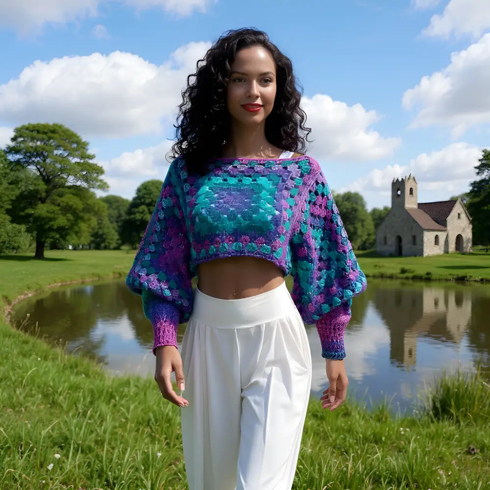 Pull au crochet Blue Lagoon de Cachalabibi - gros plan sur les motifs géométriques violet bleu turquoise rose