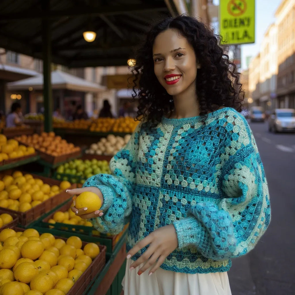 Pull au crochet Bora-Bora de Cachalabibi - vue de face sur une jeune femme qui achète un citron