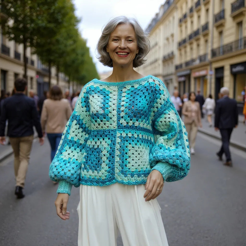 Pull au crochet Bora-Bora de Cachalabibi - vue de face sur une dame aux cheveux gris