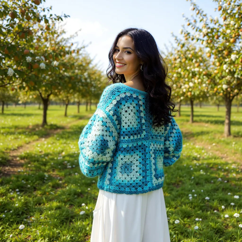 Pull au crochet Bora-Bora de Cachalabibi - vue de dos au verger montrant les motifs géométriques carrés