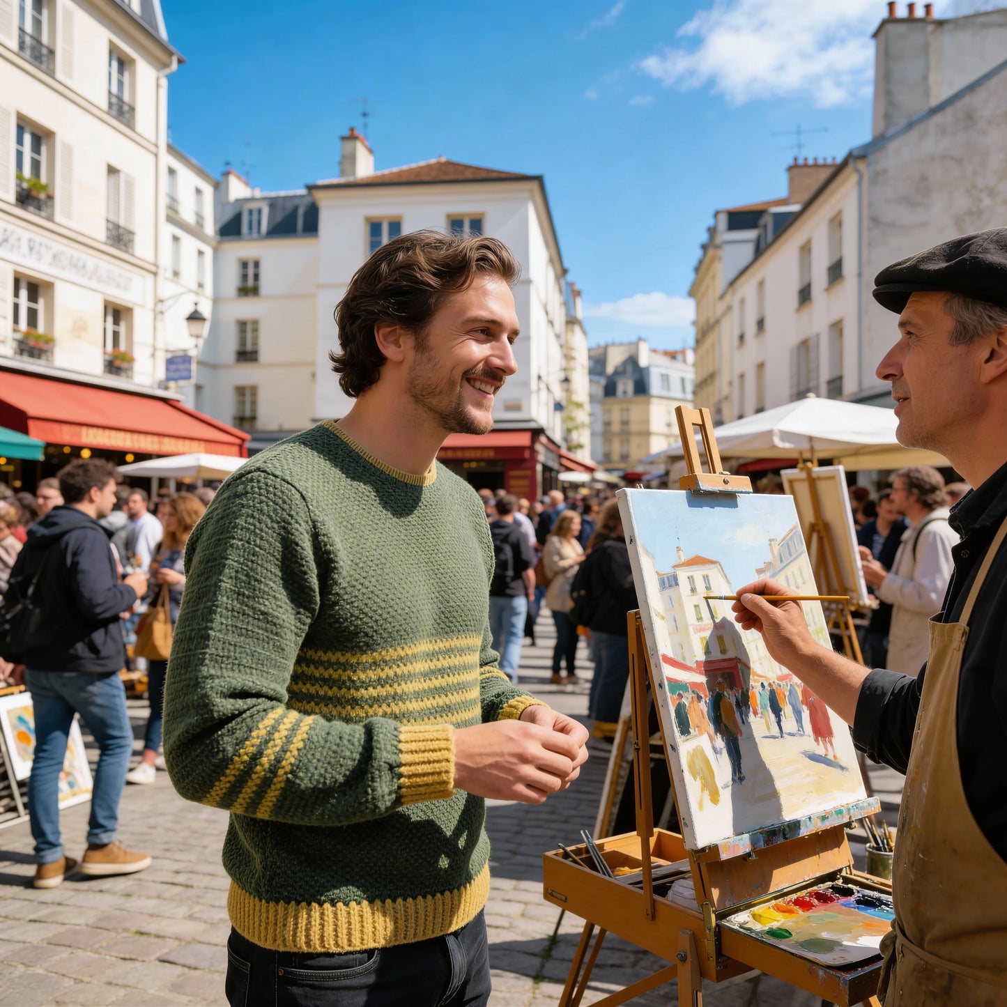 Pull au crochet Brazilo homme de Cachalabibi - porté sur un jeune homme en discussion 