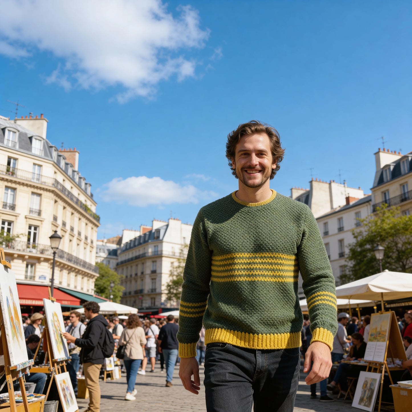 Pull au crochet Brazilo homme de Cachalabibi - gros plan sur les poignets jaune moutarde côtelés et le bas côtelé