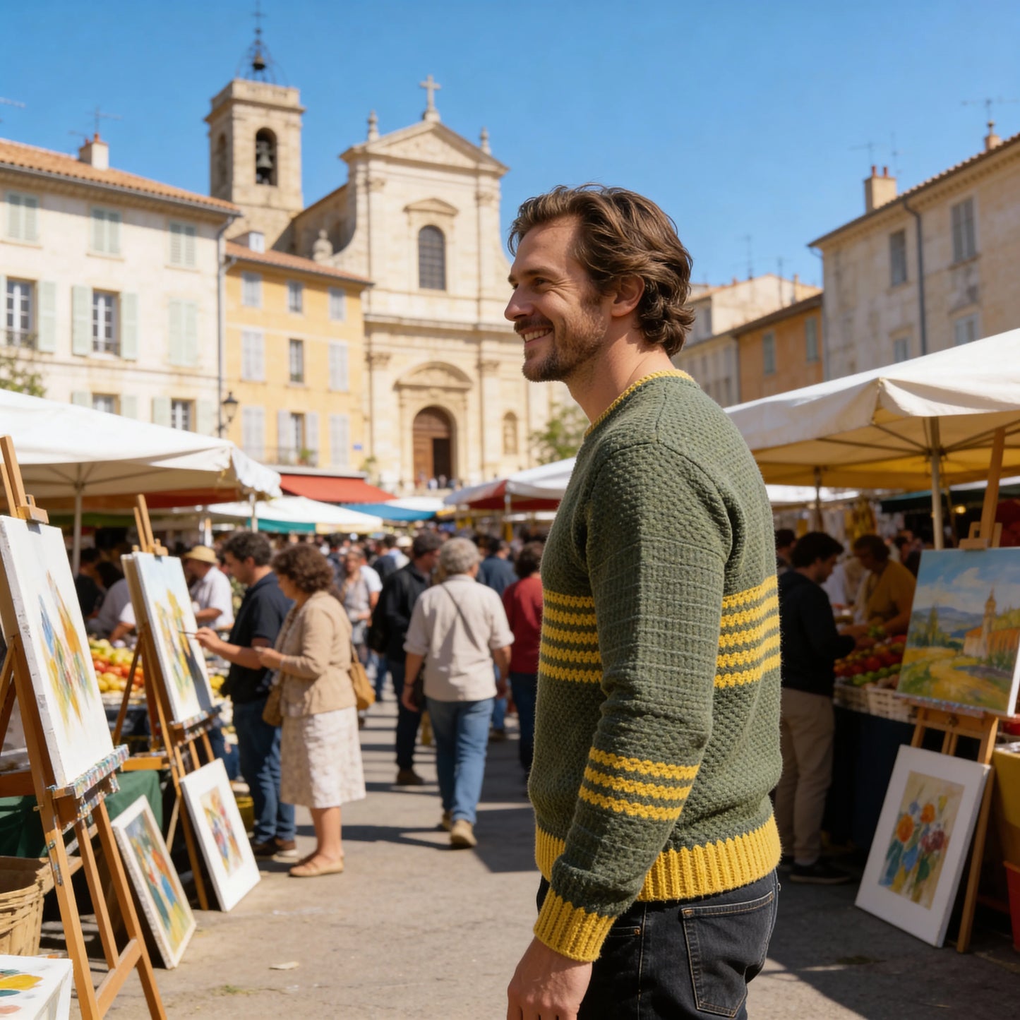 Pull au crochet Brazilo homme de Cachalabibi - vue de dos au marché provençal avec étals de peintures et église