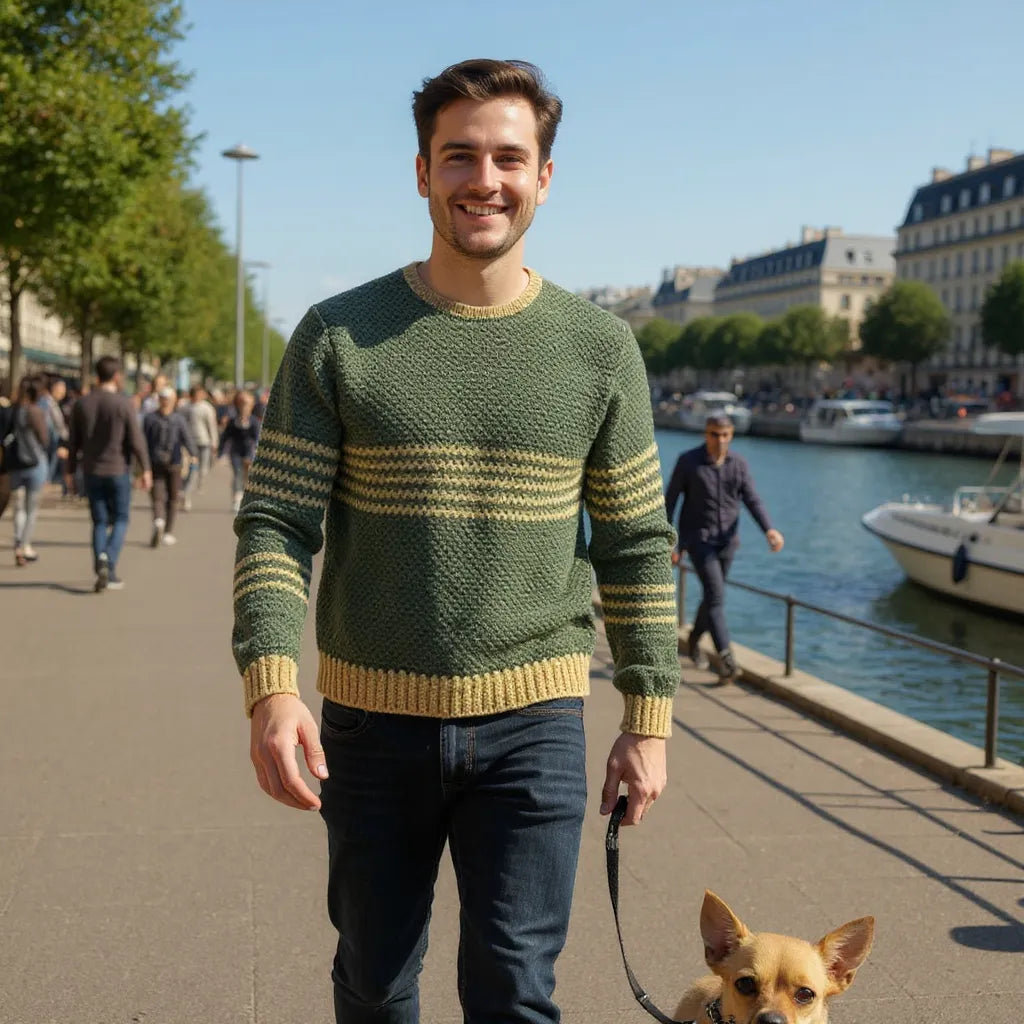 Pull au crochet Brazilo homme de Cachalabibi - vue de face en promenade sur les quais de Seine avec son chien