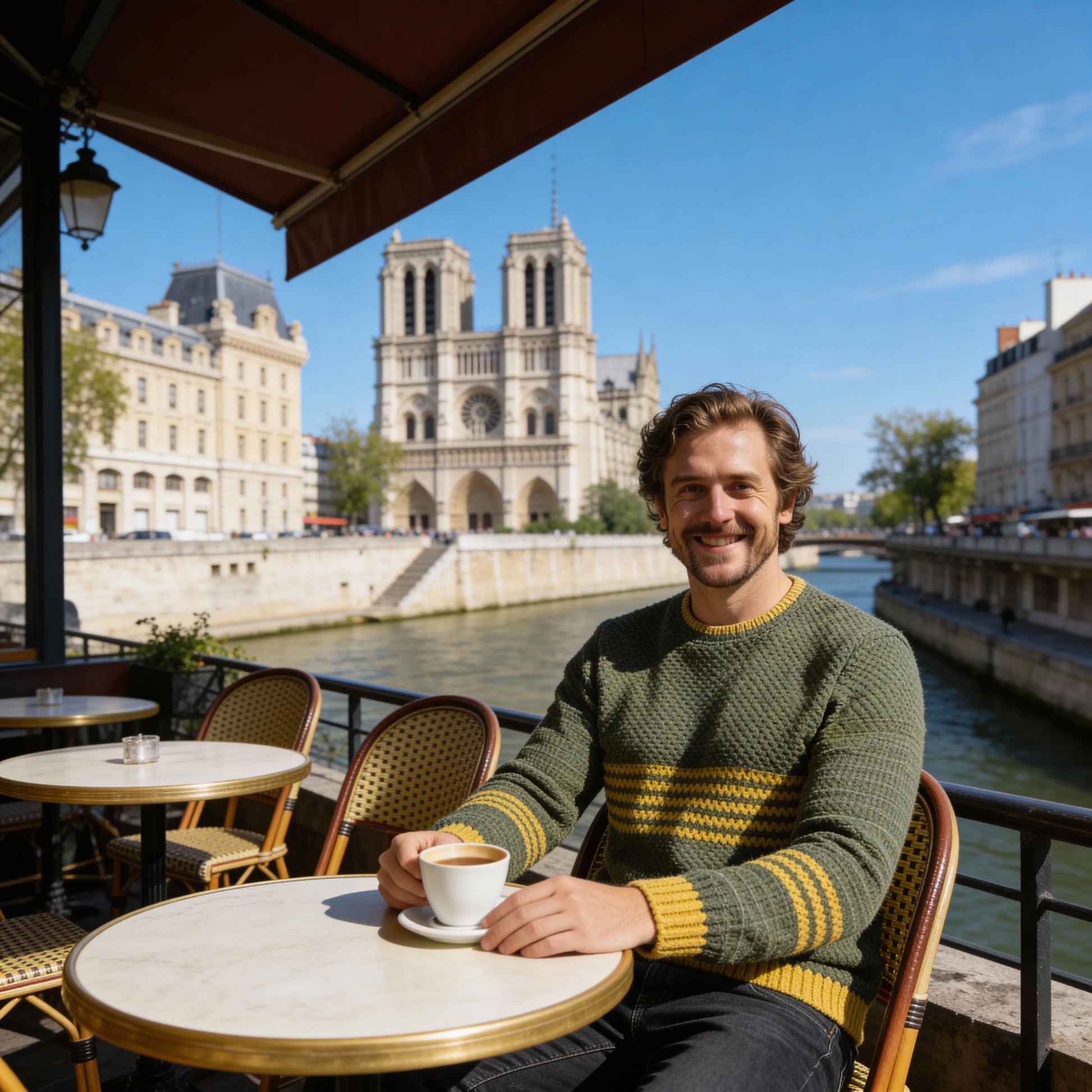 Pull au crochet Brazilo homme de Cachalabibi - vue de face à la terrasse d'un café parisien avec vue sur Notre-Dame
