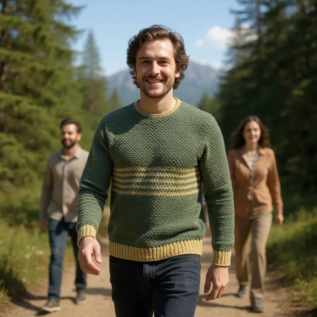 Pull au crochet Brazilo homme de Cachalabibi - vue de face en randonnée dans la forêt de montagne avec des amis