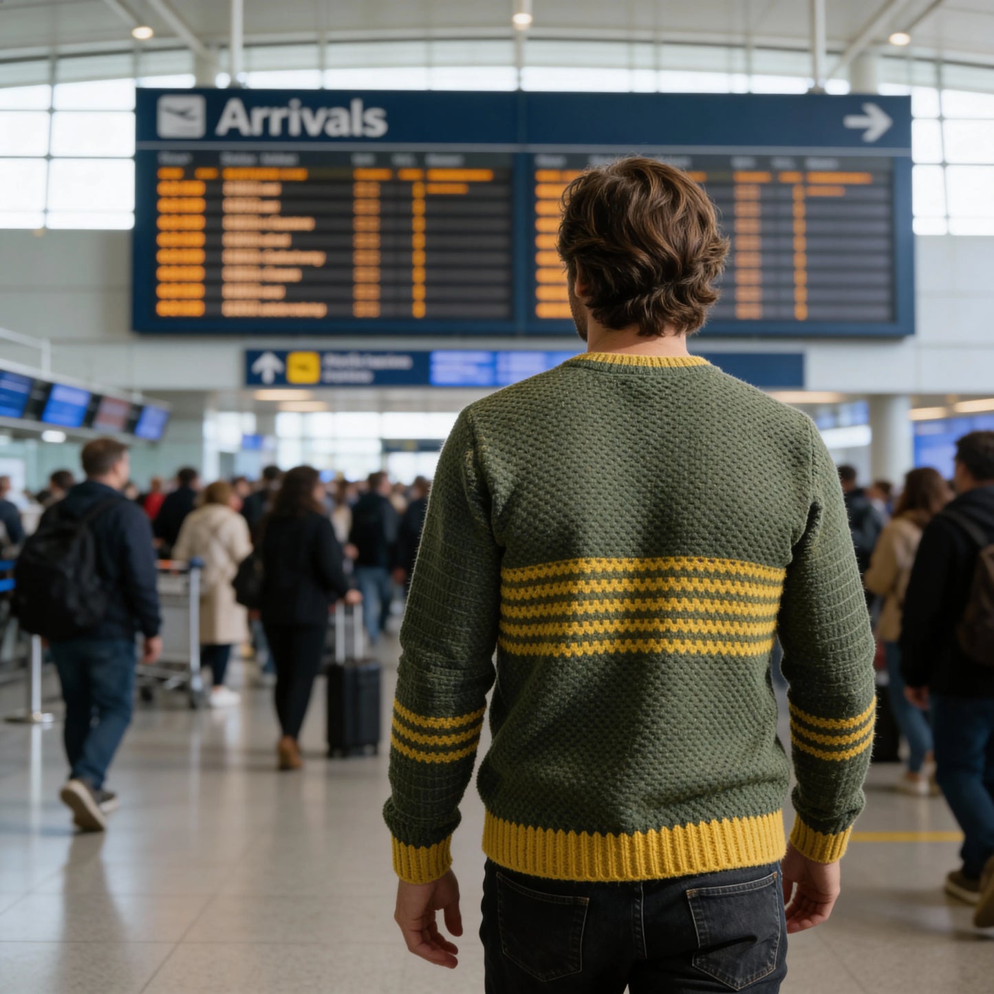 Pull au crochet Brazilo homme de Cachalabibi - vue de dos dans le hall d'un aéroport international