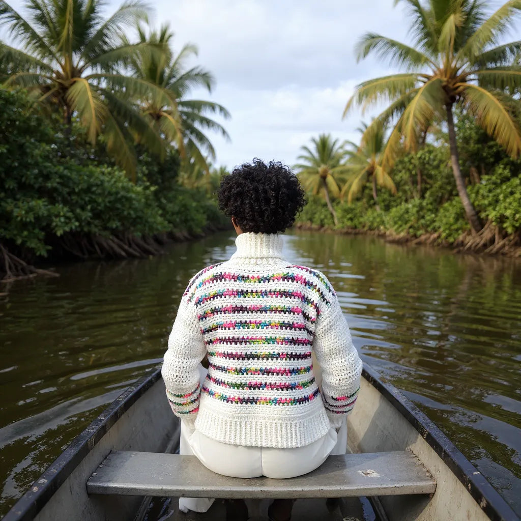 Pull au crochet Colloalto de Cachalabibi porté en canoë, vue de dos sur rivière tropicale