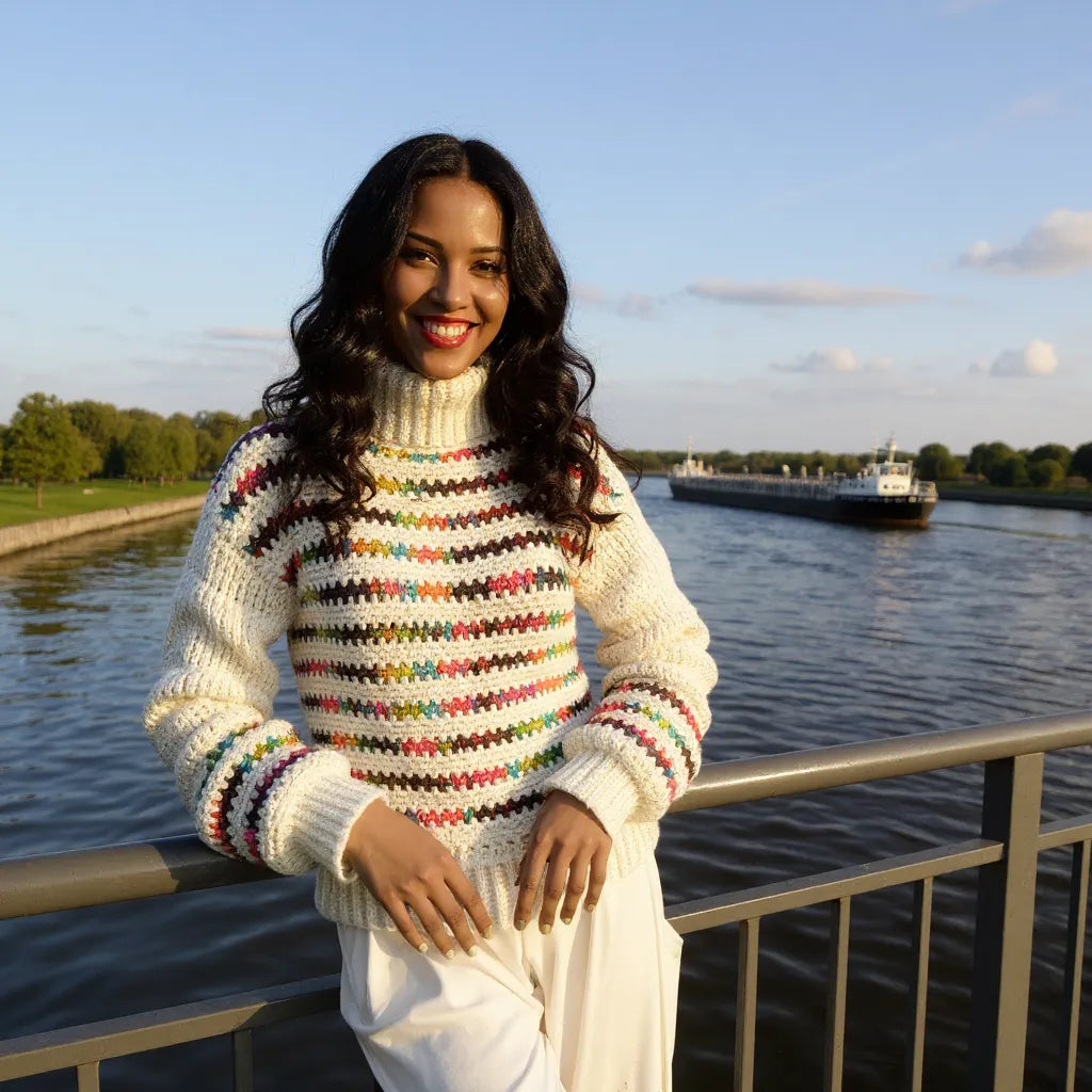 Pull au crochet Colloalto de Cachalabibi - vue de face au bord du canal avec vue sur les bateaux