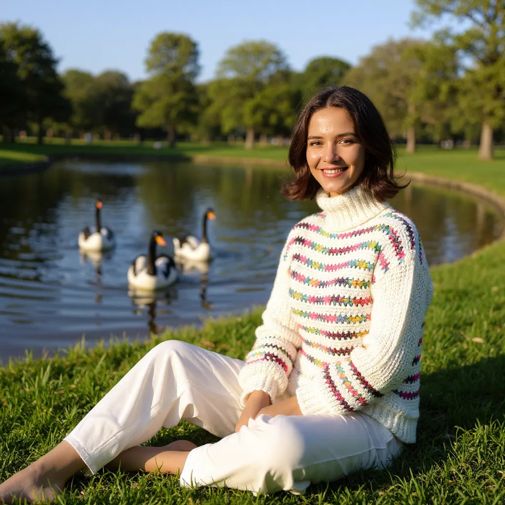 Pull au crochet Colloalto de Cachalabibi - vue de face assise au parc avec les cygnes