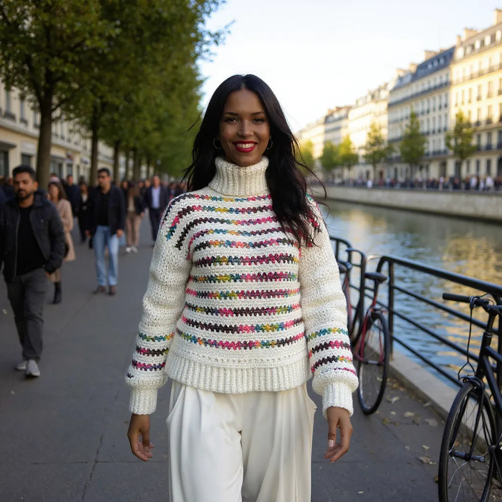 Pull au crochet Colloalto de Cachalabibi - vue de face en promenade le long de la Seine à Paris