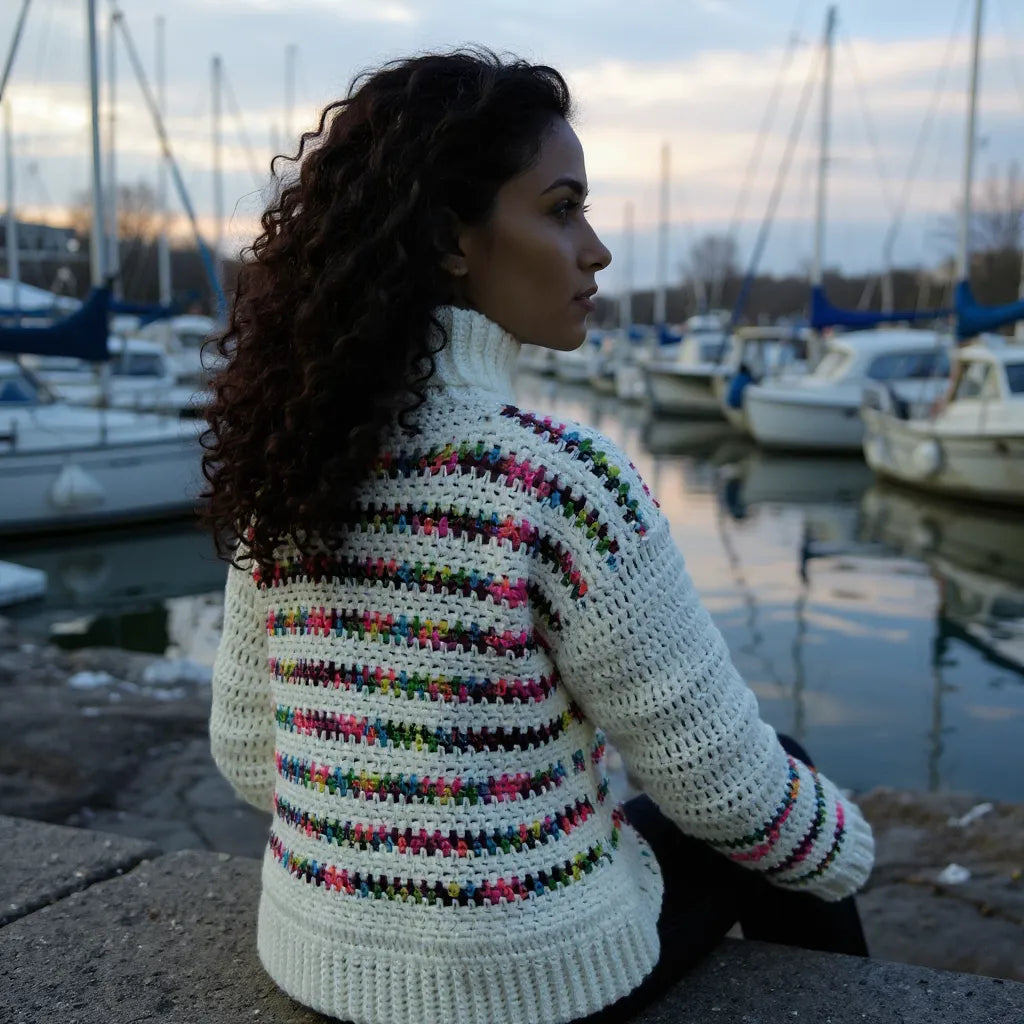 Pull au crochet Colloalto de Cachalabibi - vue de profil à la marina au crépuscule