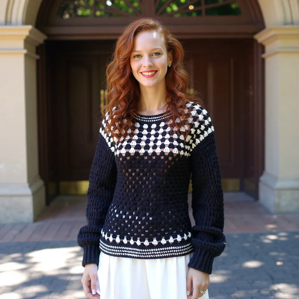 Pull au crochet Damiana de Cachalabibi - vue de face devant une belle porte ancienne