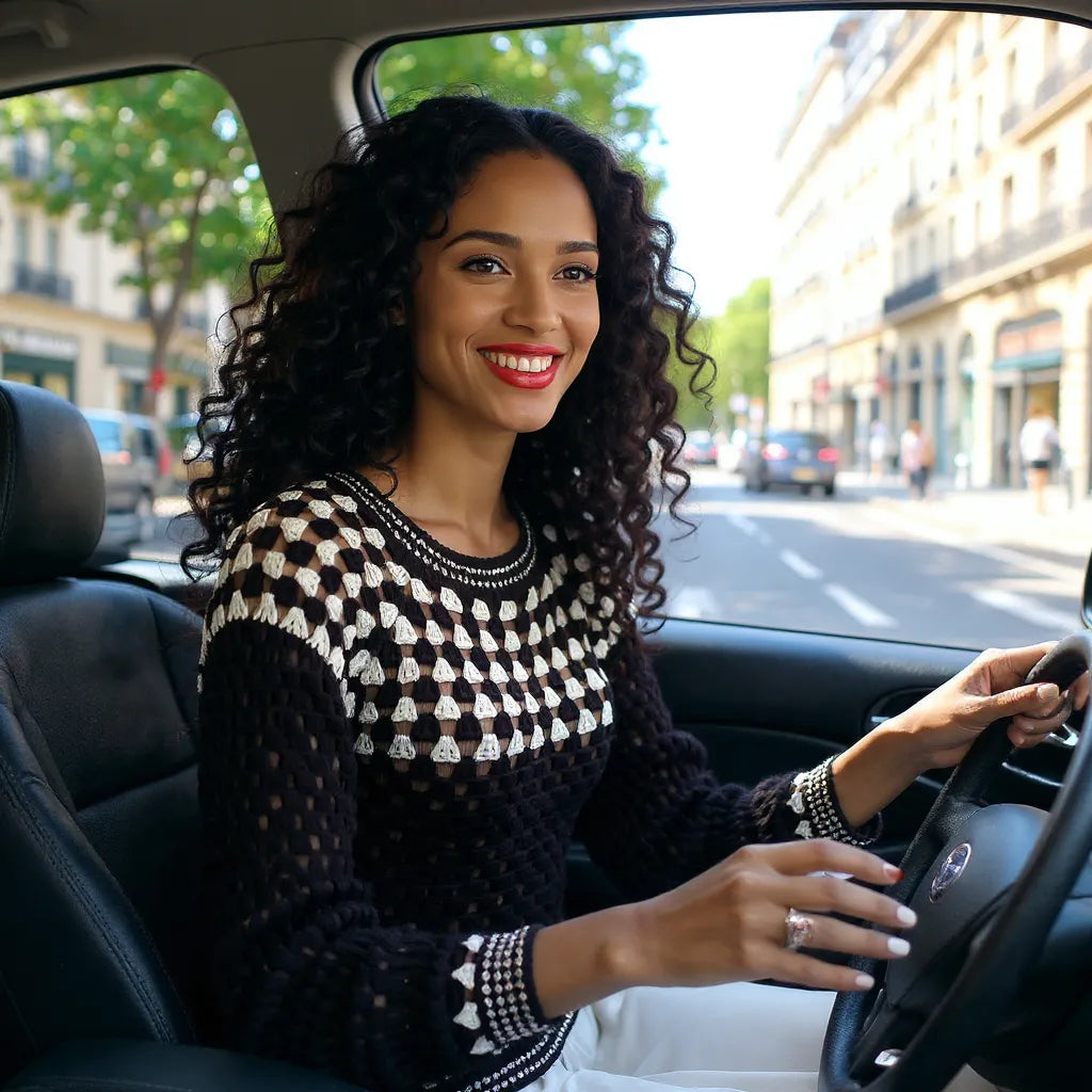 Pull au crochet Damiana de Cachalabibi - vue de face en voiture décapotable en ville
