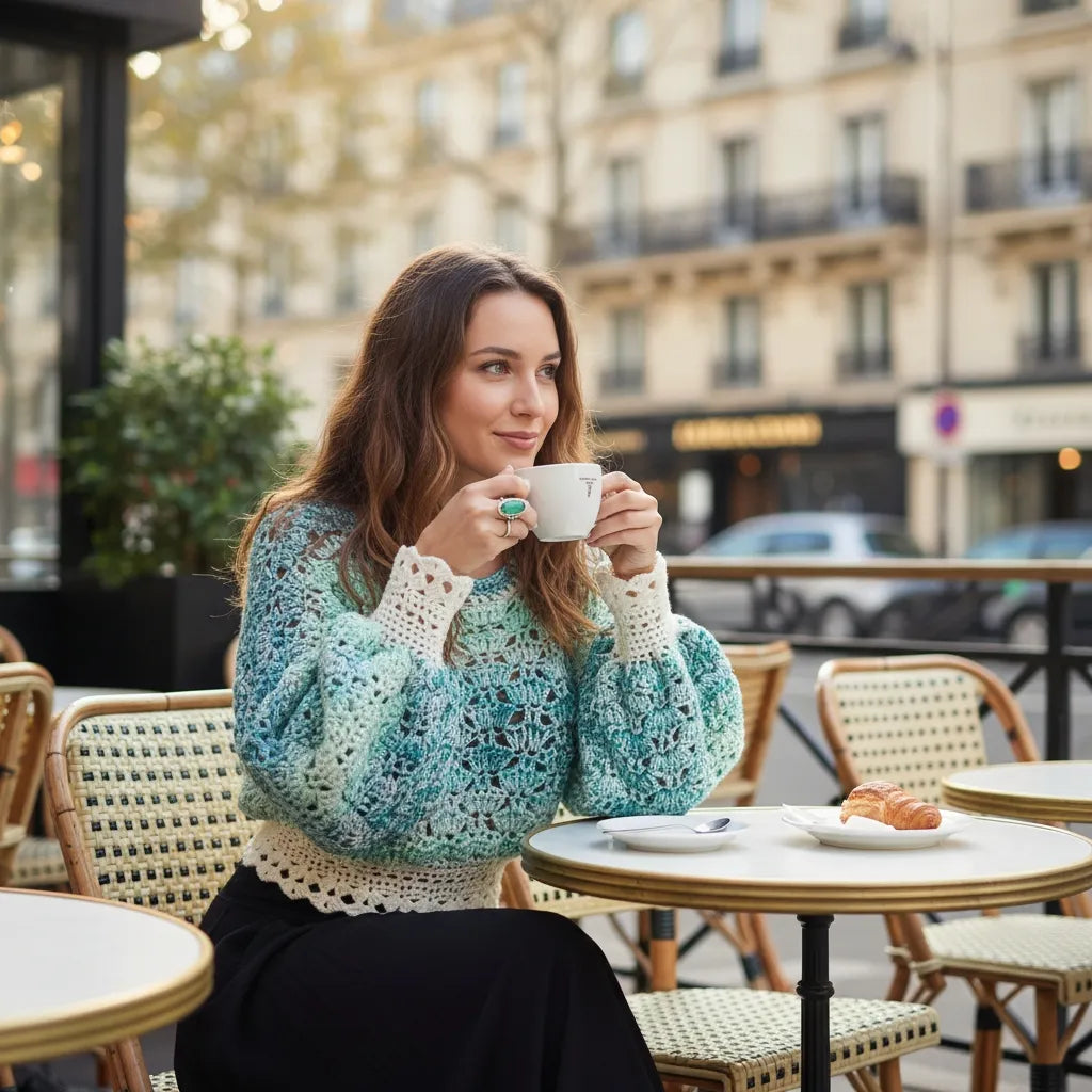 Pull au crochet Fidji de Cachalabibi - vue de face d'une femme à la terrasse d'un café