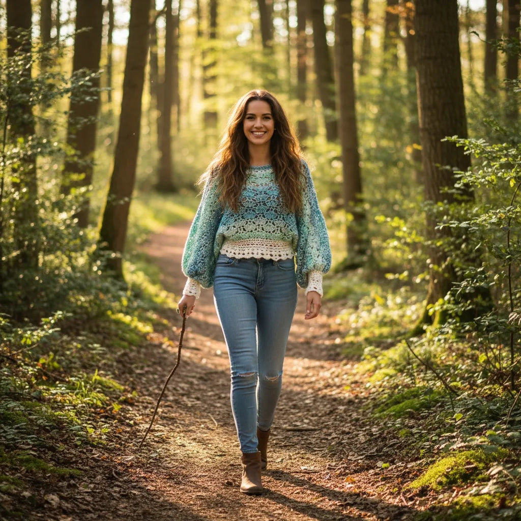 Pull au crochet Fidji de Cachalabibi  - vue de face d'une femme dans les sous-bois