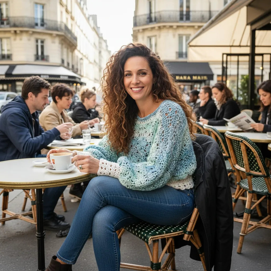 Pull au crochet Fidji de Cachalabibi - vue de face à la terrasse d'un café parisien avec des amis