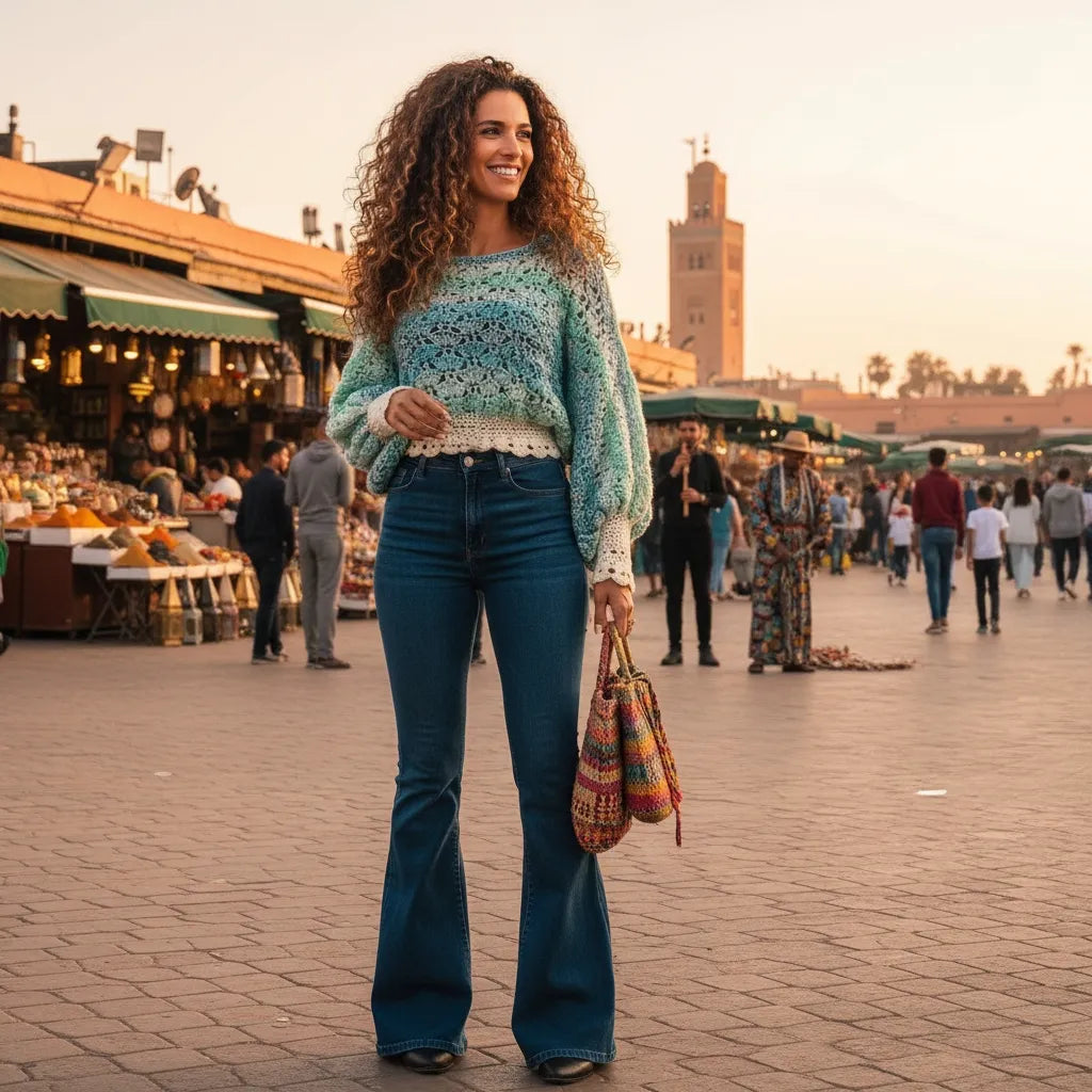 Pull au crochet Fidji de Cachalabibi - vue de face sur la place Jemaa el-Fna à Marrakech avec la mosquée Koutoubia