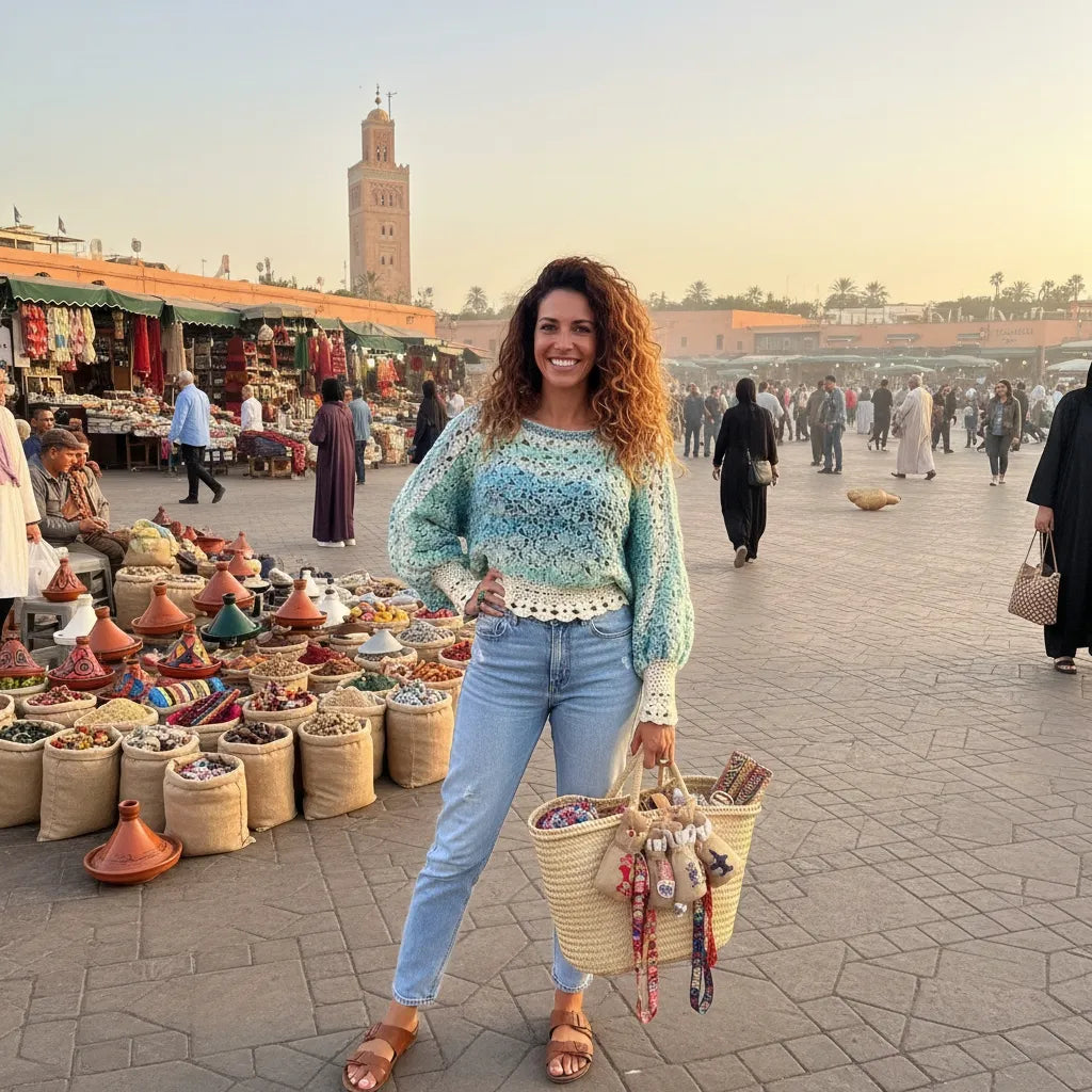 Pull au crochet Fidji de Cachalabibi - vue de face au marché aux épices de Marrakech avec tajines et épices colorée