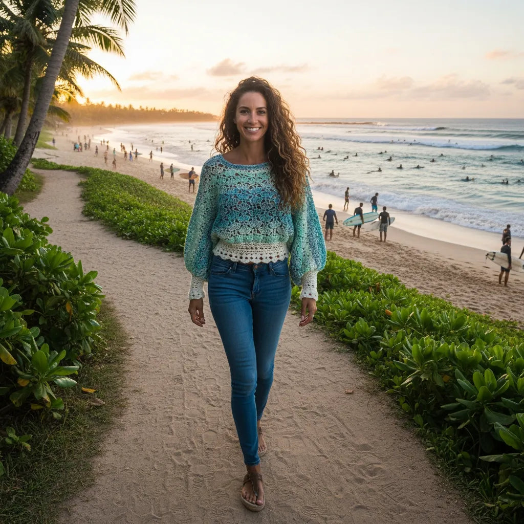 Pull au crochet Fidji de Cachalabibi  - vue de face en promenade sur la plage tropicale avec surfeurs et palmiers