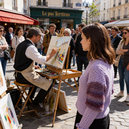 Pull au crochet Fuga dégradé horizontal violet lilas lavande - vue de côté sur la Place du tertre à Montmartre