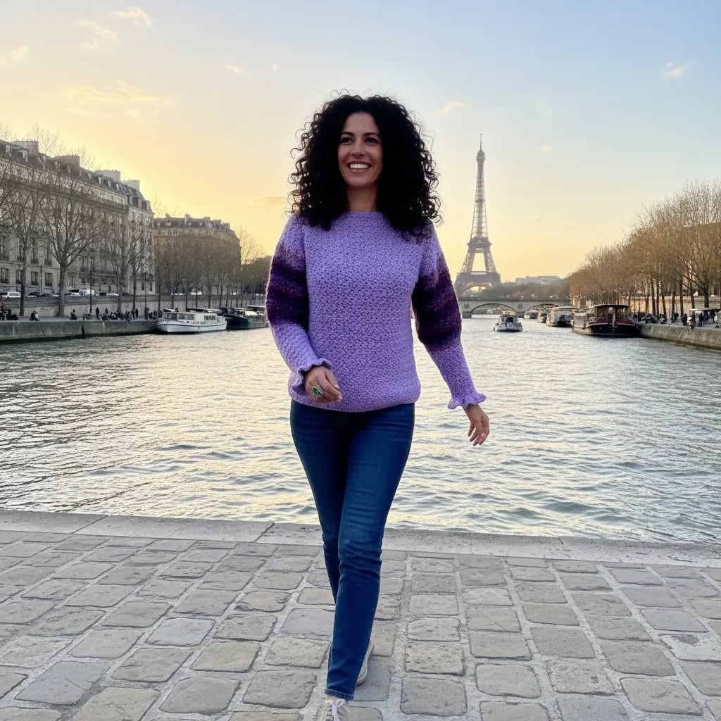 Pull au crochet Fuga violet lilas lavande - vue de face sur les quais de Seine à Paris avec promeneurs et péniches