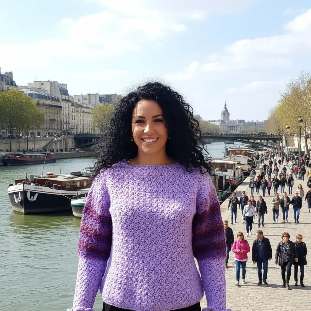 Pull au crochet Fuga - gros plan sur le dégradé horizontal violet avec nuances violet foncé lilas lavande