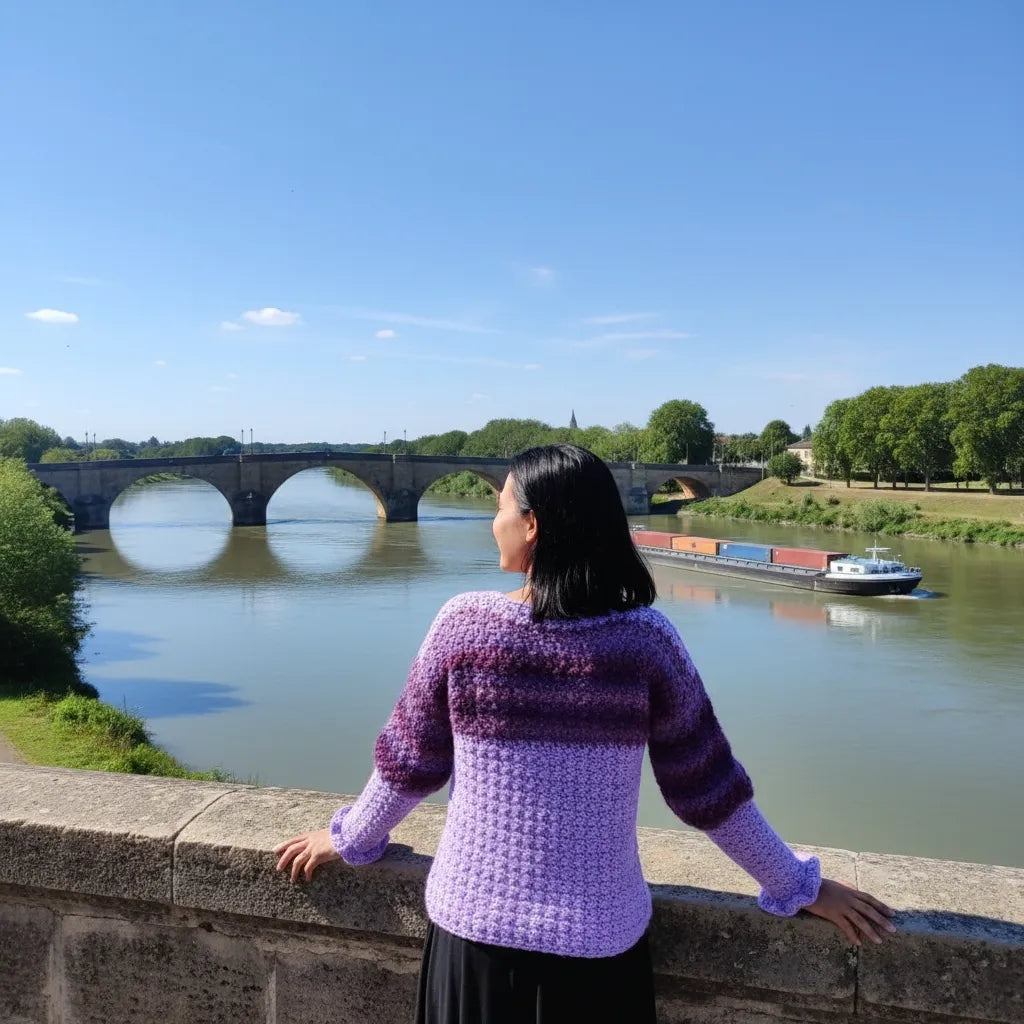 Pull au crochet Fuga - vue de dos au bord de la Loire avec pont en pierre et verdure