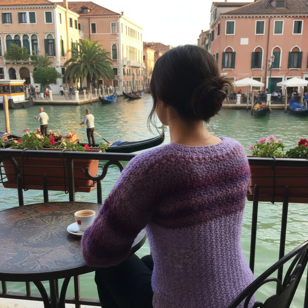 Pull au crochet Fuga violet lilas lavande - vue de dos à la terrasse d'un café à Venise avec gondoles et gondoliers