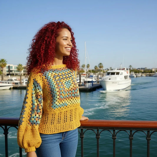 Pull au crochet Labyrintho de Cachalabibi - vue de profil portée par une femme avec des bateaux de croisière en arrière-plan