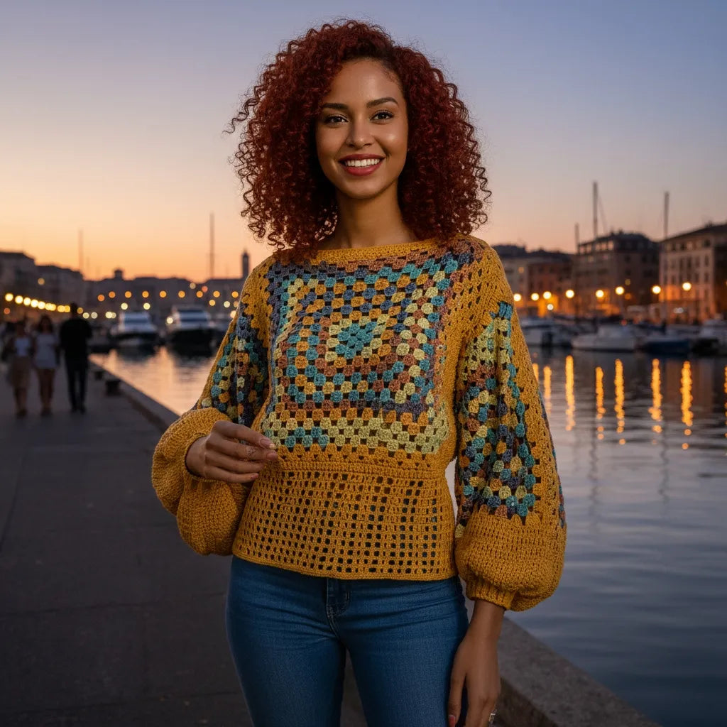 Pull au crochet Labyrintho de Cachalabibi - vue de face portée par une femme sur un quai à la tombée du jour