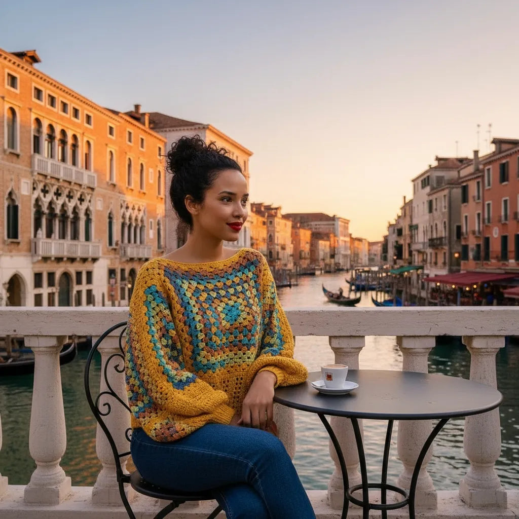Pull au crochet Labyrintho de Cachalabibi - vue de face portée par une femme à la terrasse d'un café vénitien devant le Grand canal