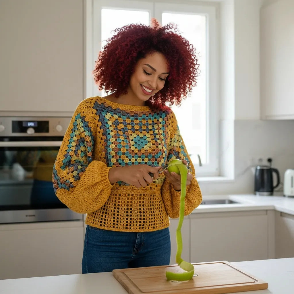 Pull au crochet Labyrintho de Cachalabibi - vue de face portée par une femme qui épluche une pomme dans sa cuisine