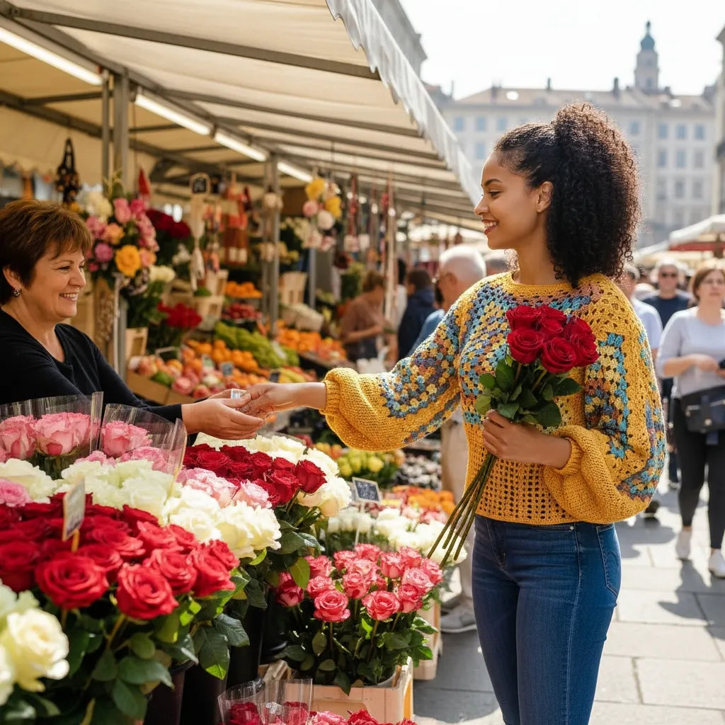 Pull au crochet Labyrintho de Cachalabibi - vue de côté portée par une femme qui achète des roses à une fleuriste