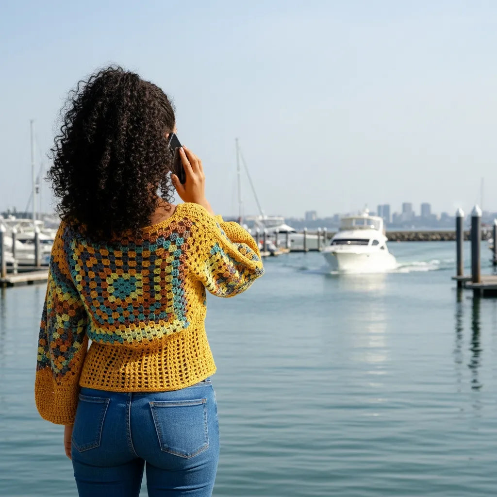 Pull au crochet Labyrintho de Cachalabibi - vue de dos portée par une femme sur un quai de marina
