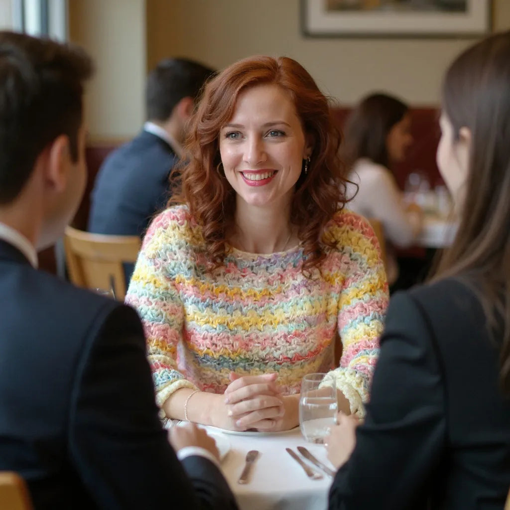 Pull au crochet Linéo de Cachalabibi - vue de face attablée à un restaurant avec des amis