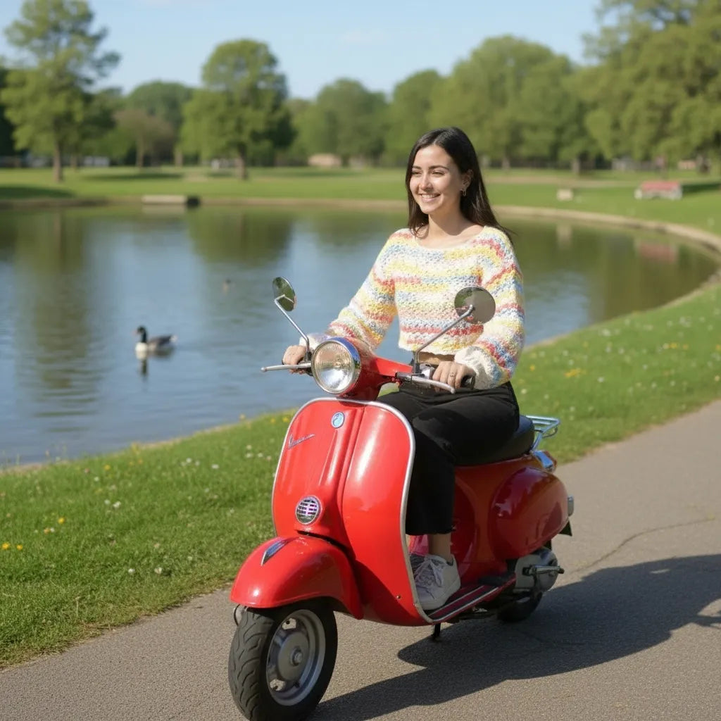 Pull au crochet Linéo de Cachalabibi - vue de face d'une jeune femme sur un scooter près d'un étang
