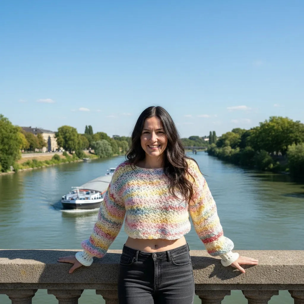 Pull au crochet Linéo de Cachalabibi - vue de face d'une jeune femme adossée au parapet d'un pont