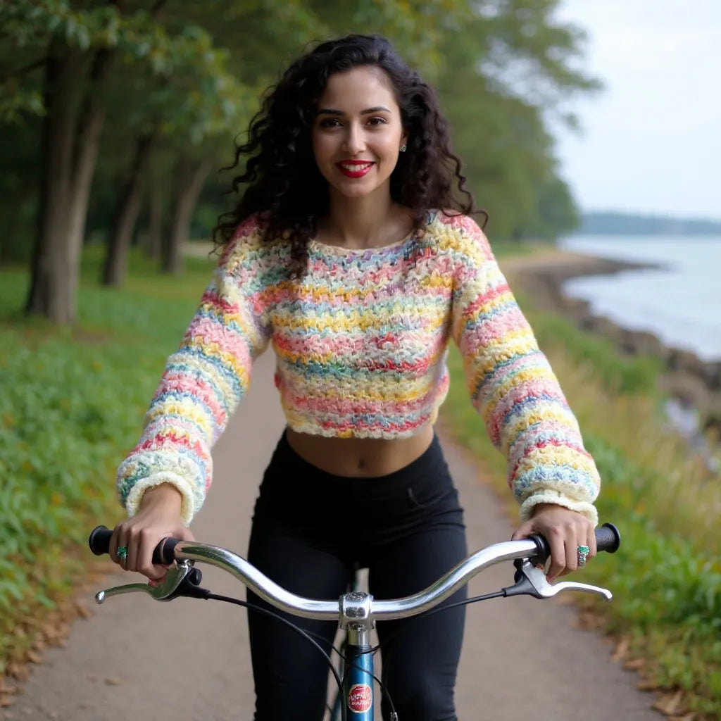 Pull au crochet Linéo de Cachalabibi - vue d'une jeune femme qui fait du vélo autour d'un étang