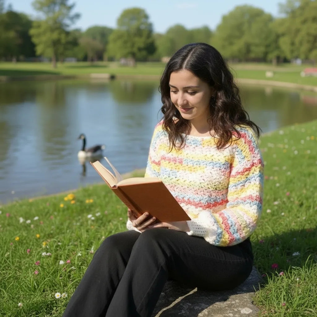 Pull au crochet Linéo de Cachalabibi - vue d'une jeune fille lisant un livre assise sur l'herbe près d'un étang