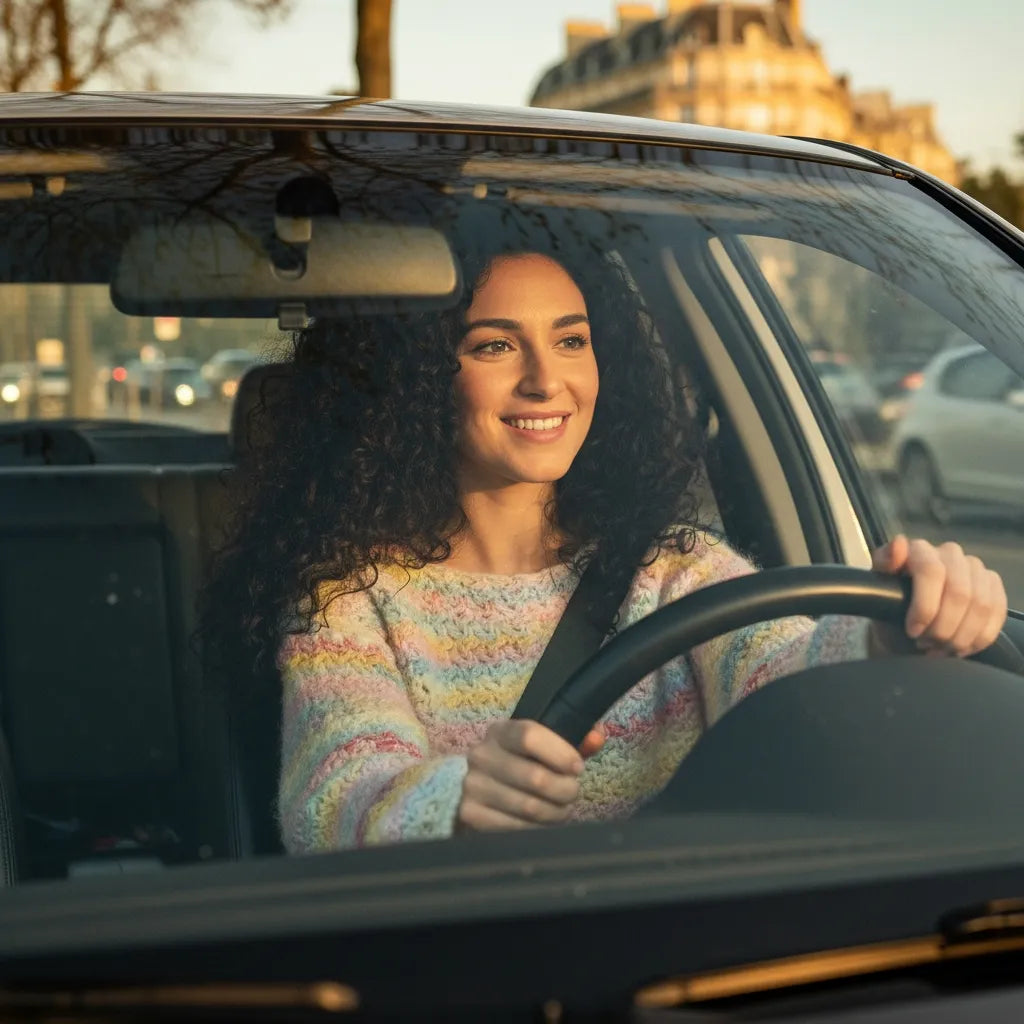 Pull au crochet Linéo de Cachalabibi - vue de face d'une jeune femme au volant de sa voiture qu'elle conduit