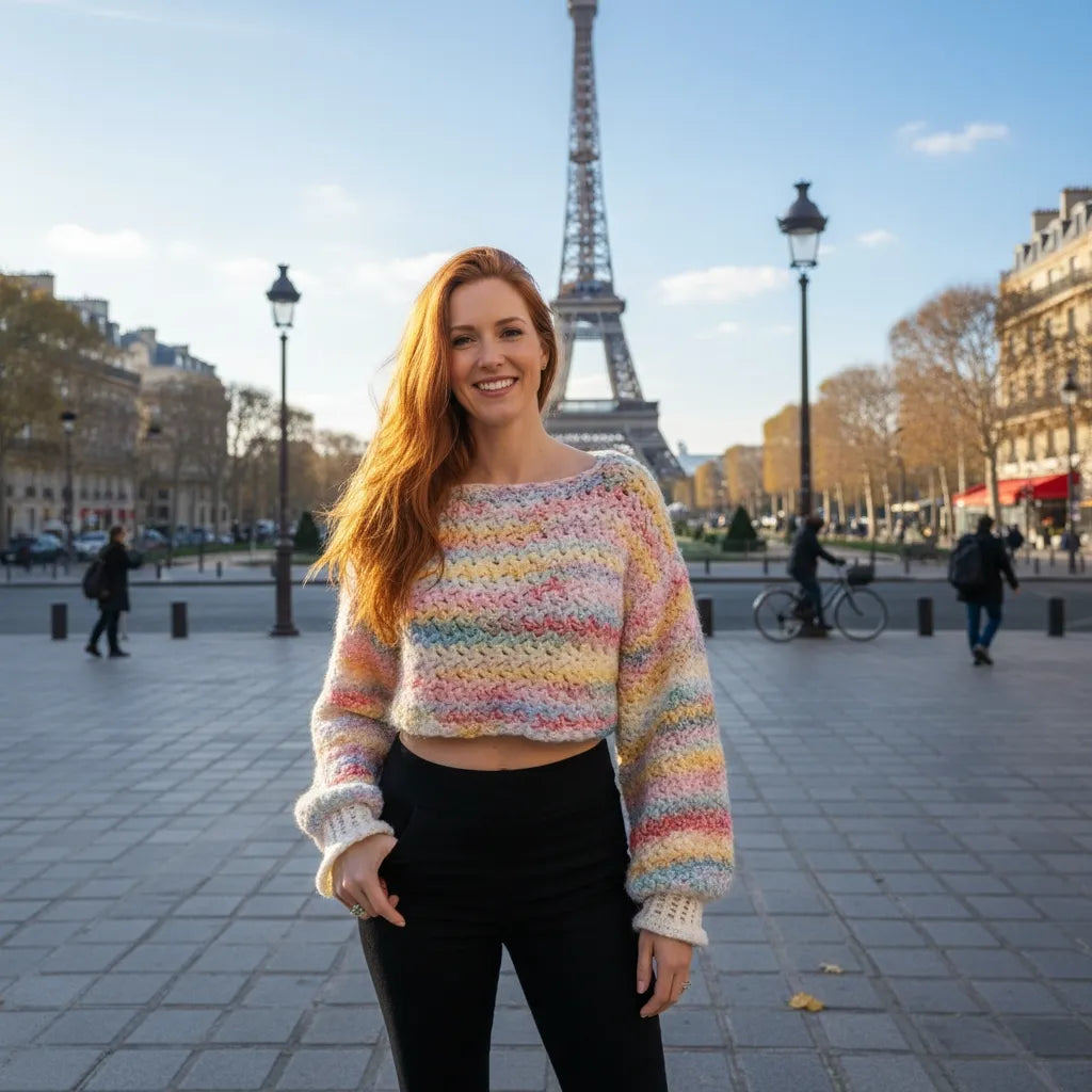 Pull au crochet Linéo de Cachalabibi - vue de face sur un parvis devant la Tour Eiffel