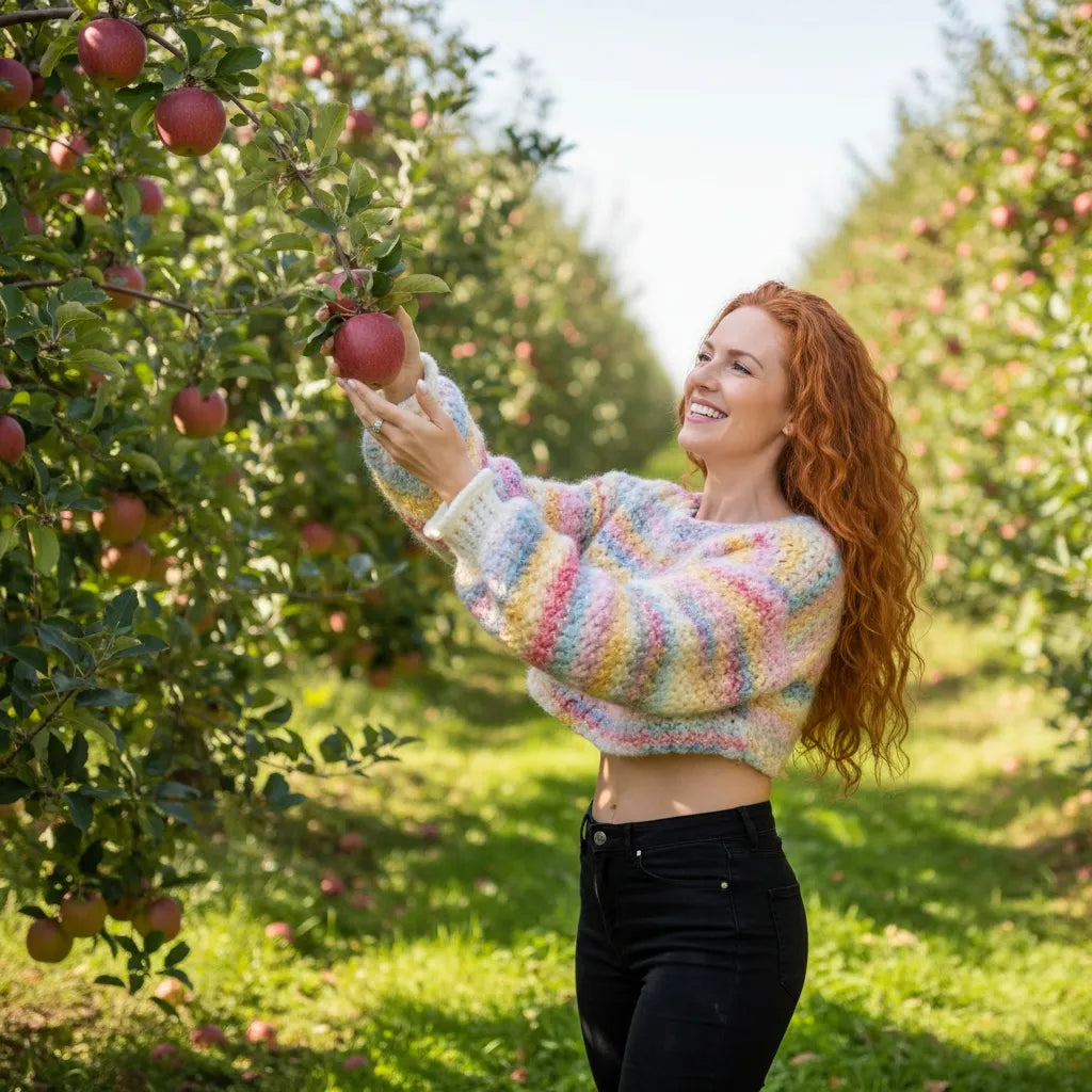 Pull au crochet Linéo de Cachalabibi - vue de profil d'une jeune femme qui cueille une pomme dans un verger