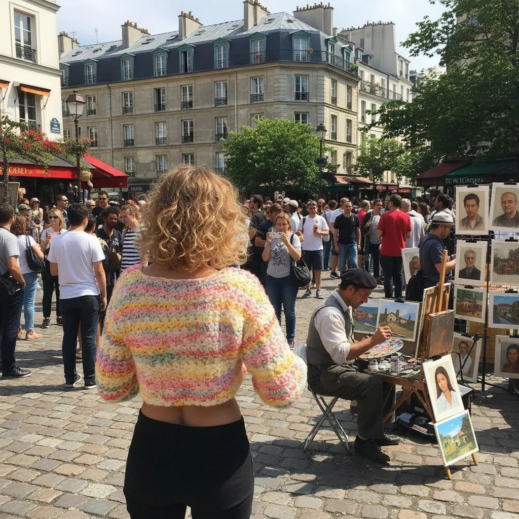 Pull au crochet Linéo de Cachalabibi - vue de dos regardant un peintre de rue sur la place du Tertre à Montmartre