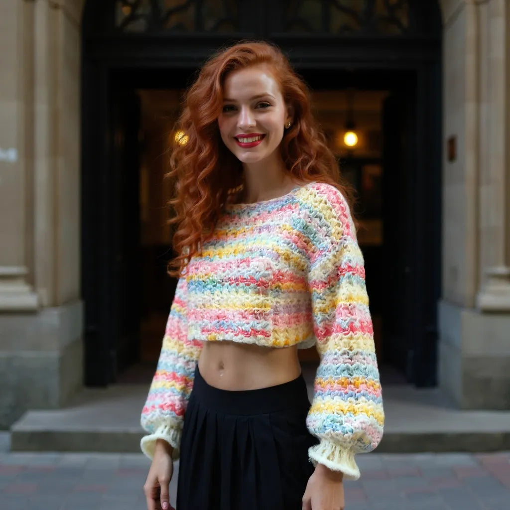 Pull au crochet Linéo de Cachalabibi - vue de face devant une porte élégante d'un hôtel particulier parisien