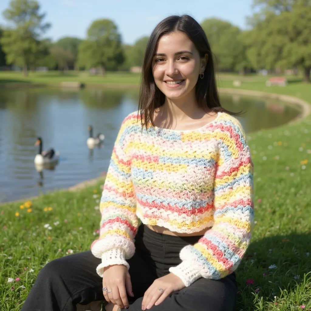 Pull au crochet Linéo de Cachalabibi - vue de face d'une femme assise dans un parc au bord d'un étang