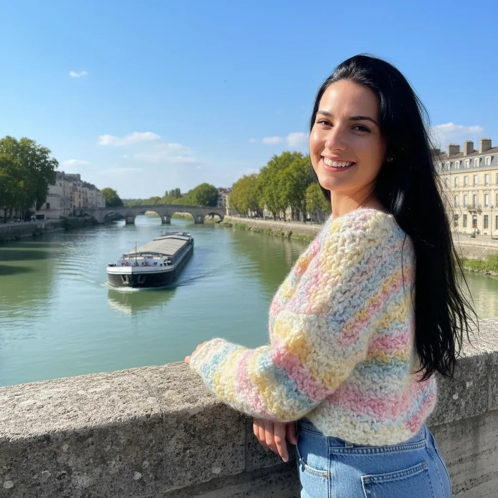 Pull au crochet Linéo de Cachalabibi - vue de profil sur les quais de Seine à Paris avec péniches et ponts