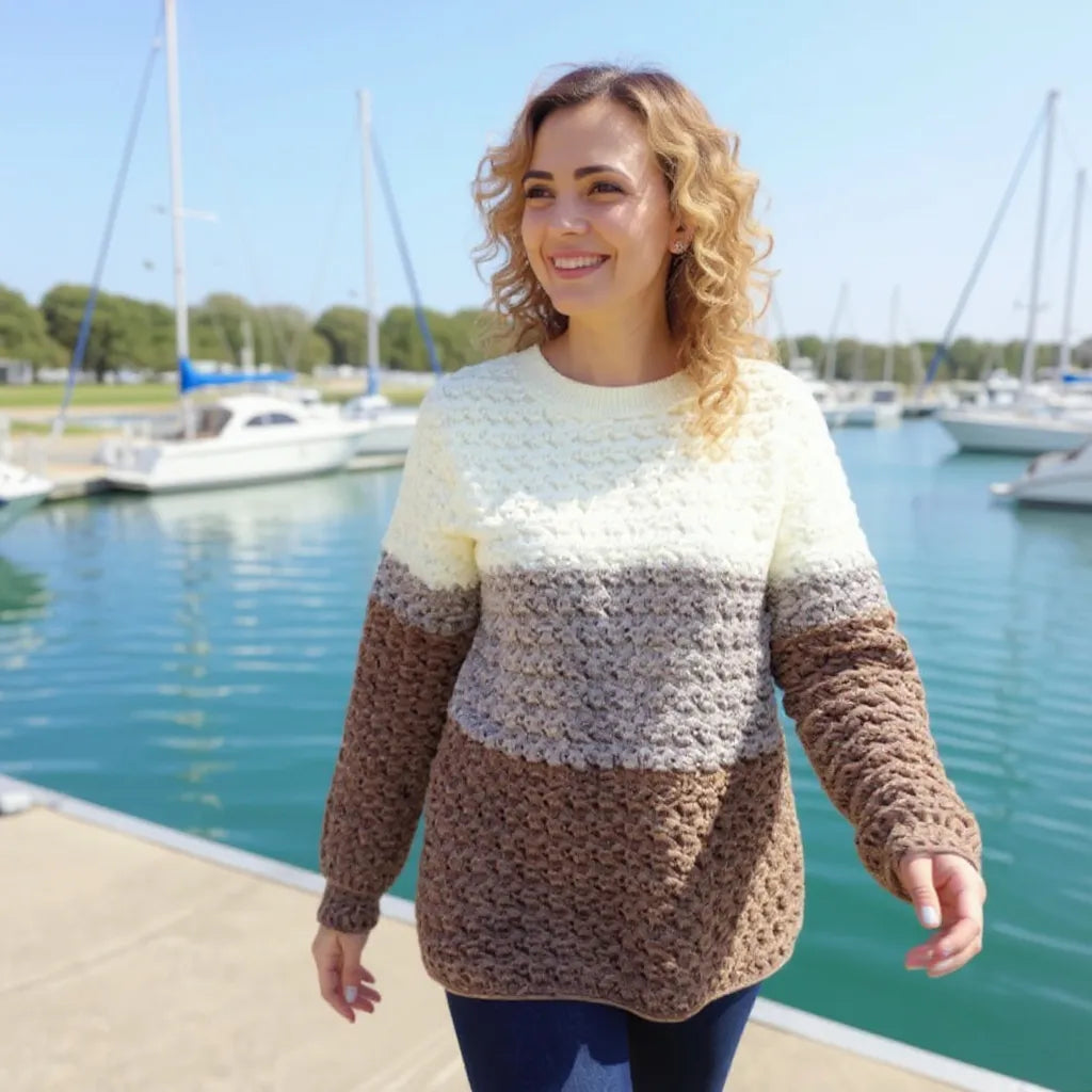 Pull au crochet Passero de Cachalabibi - vue de face d'une jeune femme à la marina avec voiliers et yachts